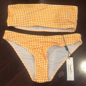 Yellow checkered strapless bikini